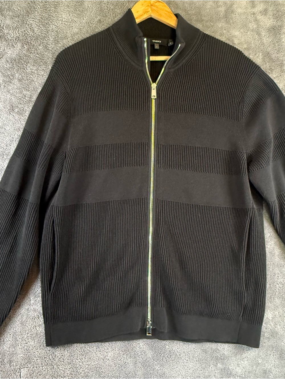 Theory Men’s Black Zip-Up Ribbed Sweater with Silver Zipper